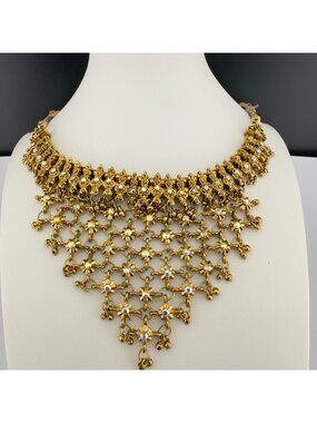 Vintage AB Rhinestone Floral Bib Handkerchief Necklace Gold Tone Heavy